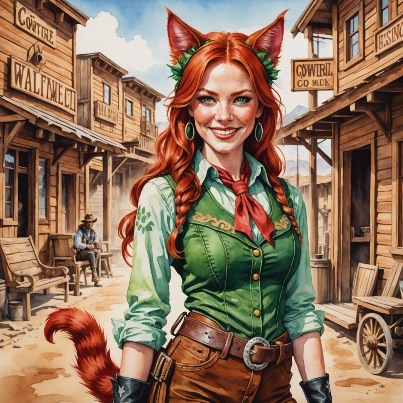 Red-Haired Catgirl Cowgirl in Watercolor Style