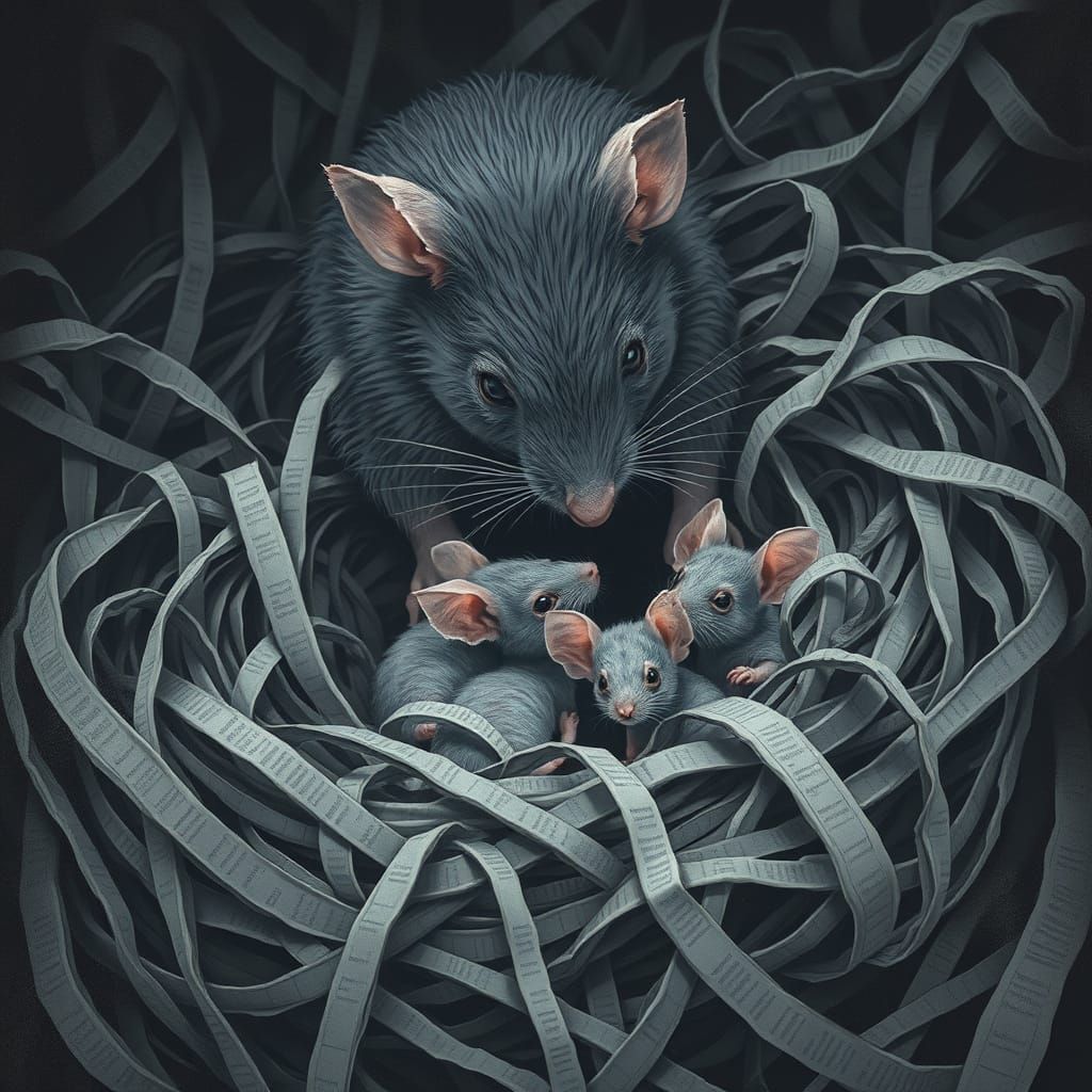 Grey Mother Mouse Guards Her Tiny Pink Newborns in a Dark, M...