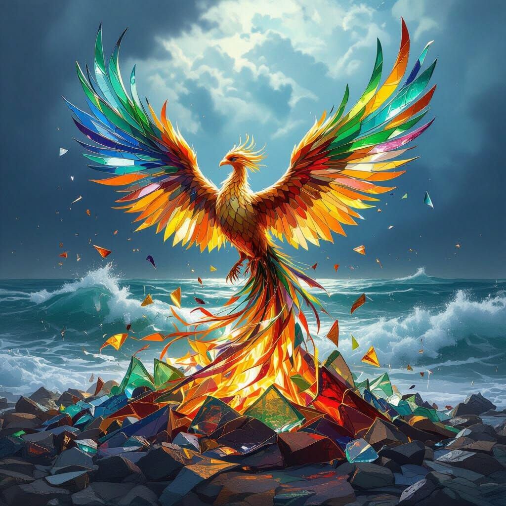 Mythical Phoenix Rises From Sea Glass Pyre in Stormy Seas