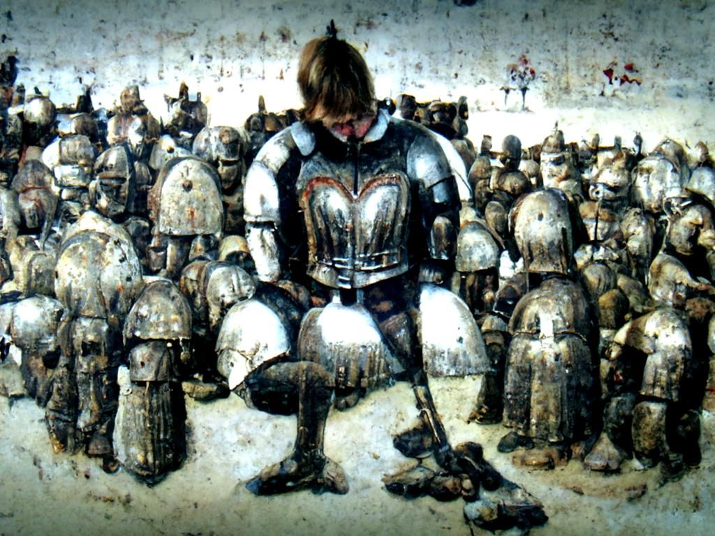Warrior Kneels Before Medieval Army
