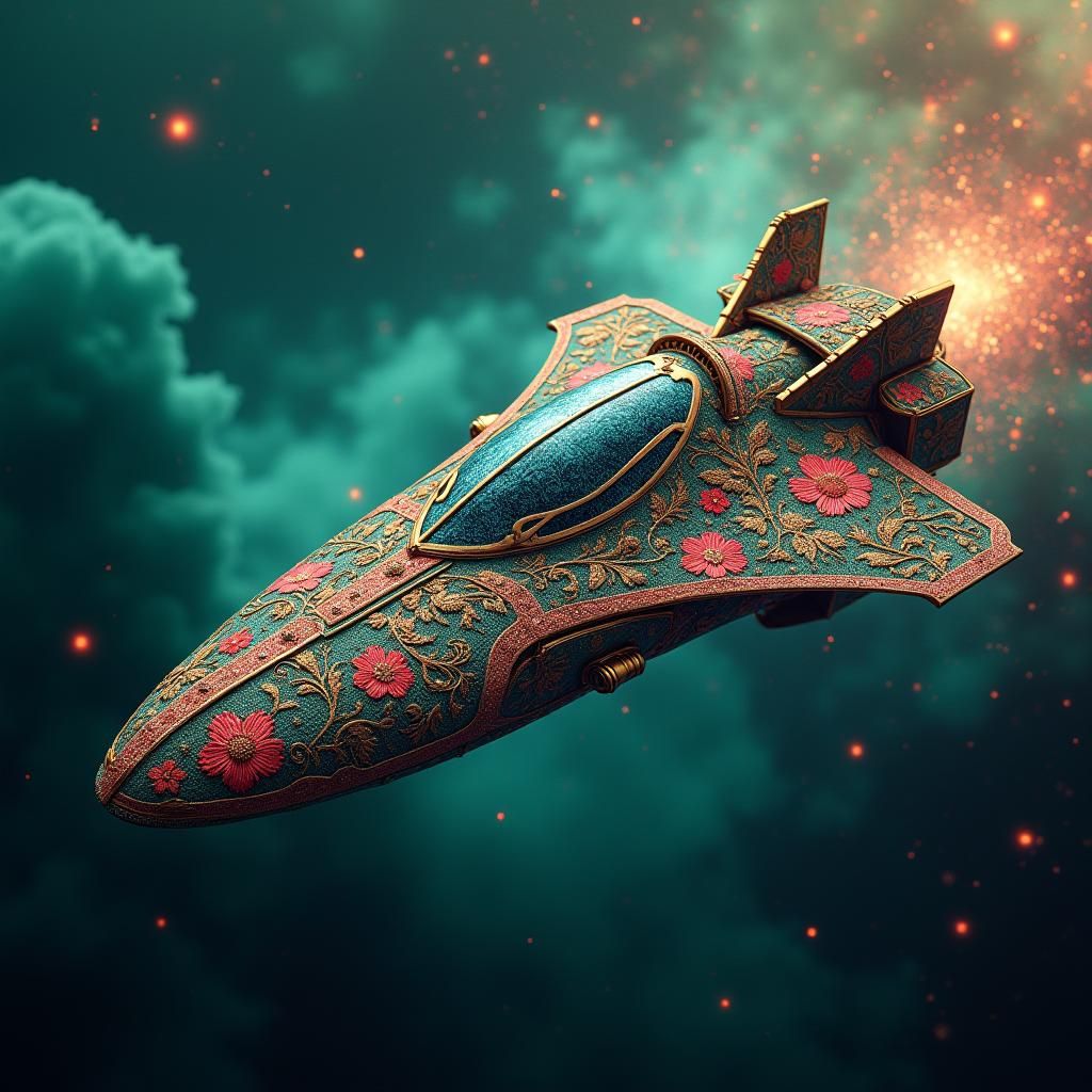 Embroidered Brocade Spaceship Soaring Through Nebula