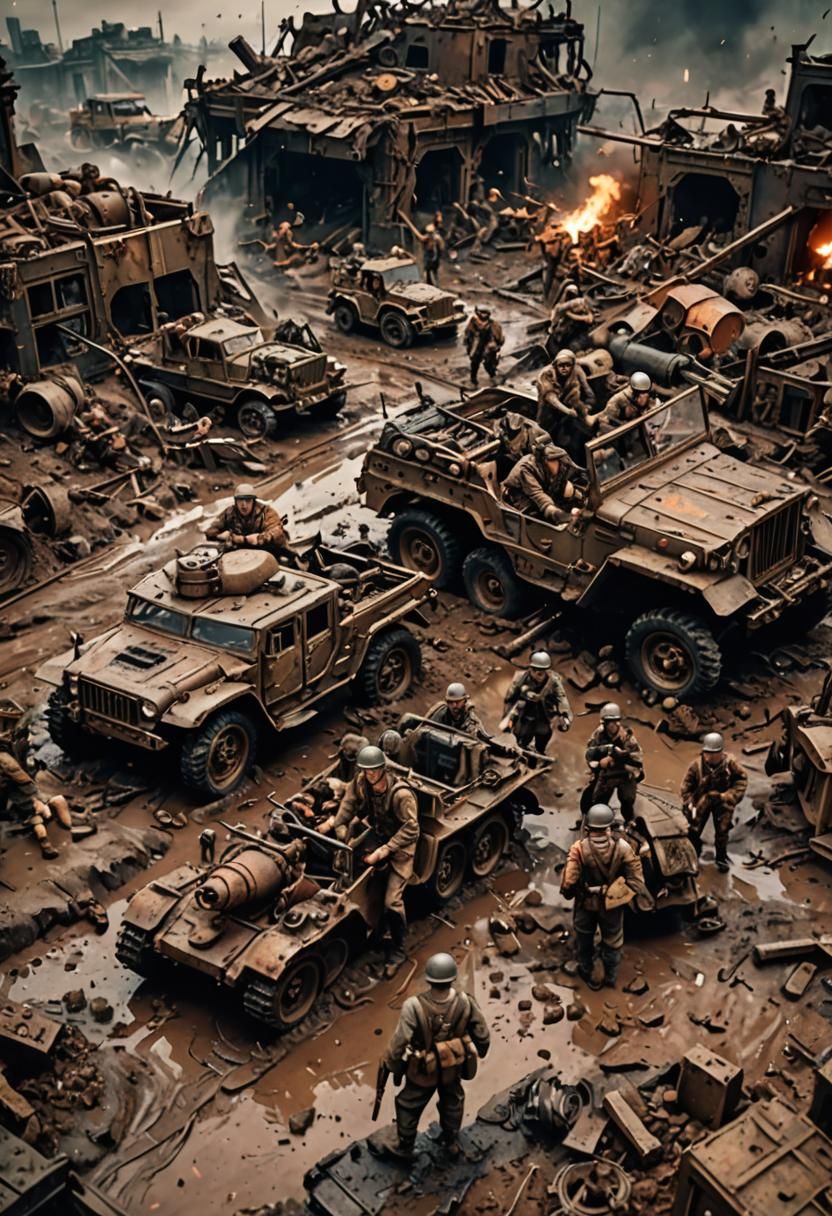 Diesel-Punk War Scene in Macro Hyperrealism