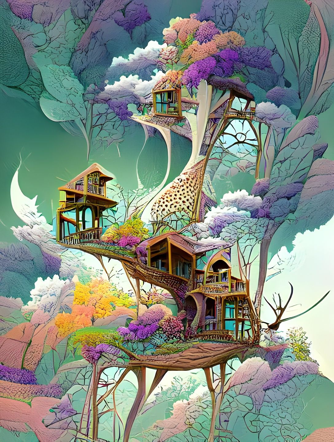 Enchanted Treehouse in Forest: Cel-Shaded Illustration