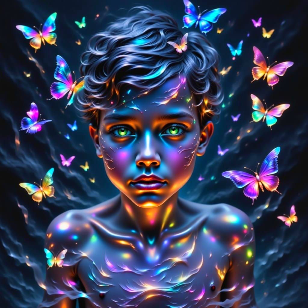 Surreal Bioluminescent Scene with Glowing Butterflies