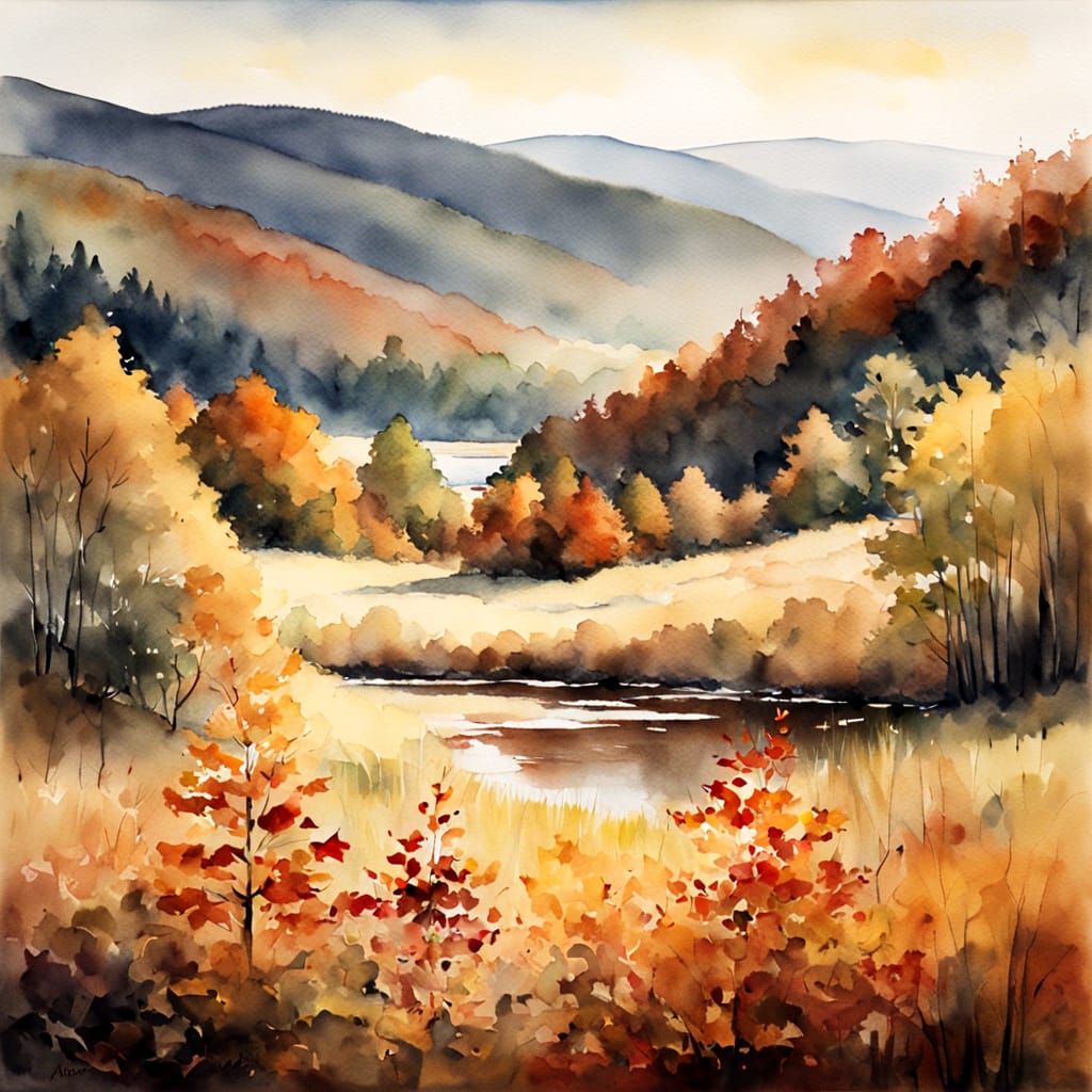 Adirondack Autumn Landscape in Watercolor Style