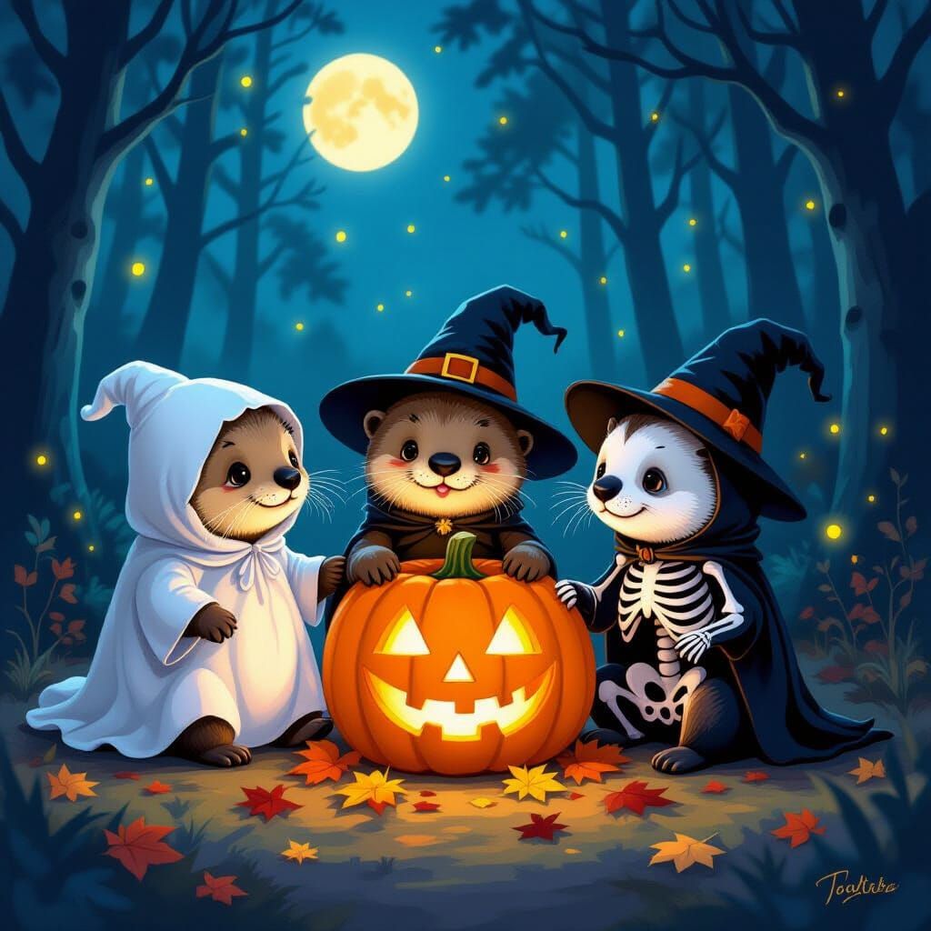 Sea Otters in Halloween Costumes by Moonlight