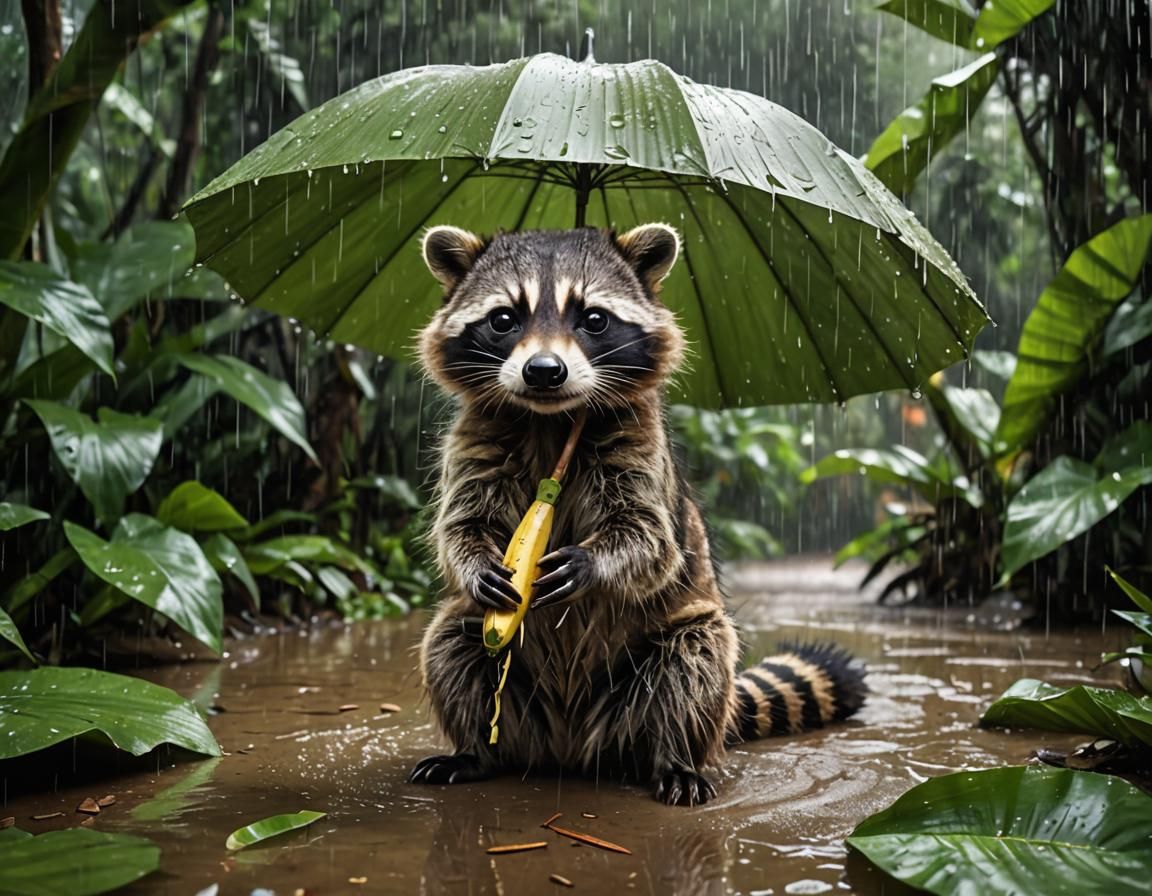 Raccoon in Amazon Rain Using Banana Leaf