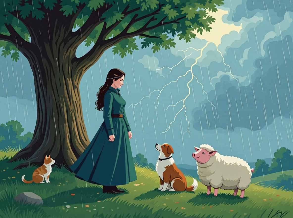 Animals and Woman Sheltering from Storm