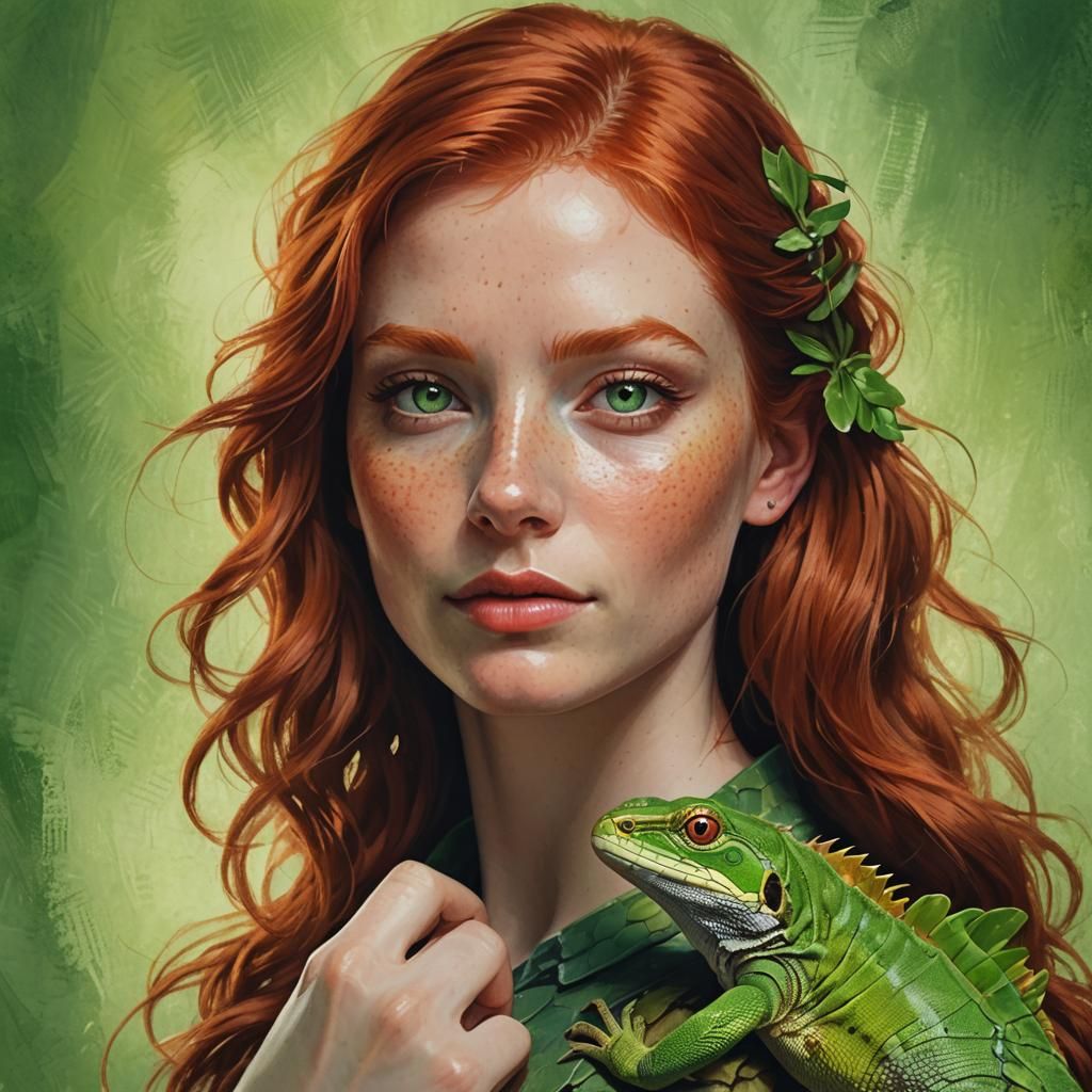Redhead Girl with Lizard in Stylized Realism