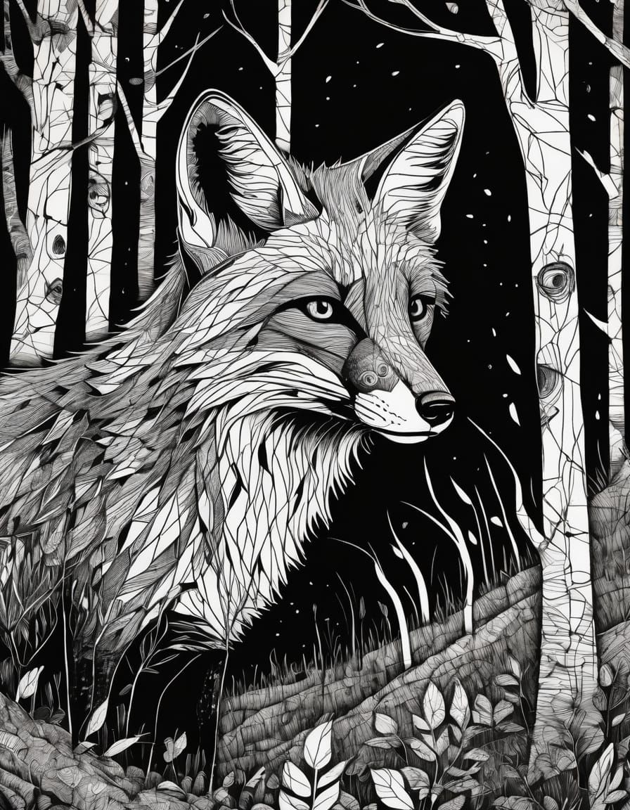 Fox in Woods: Art Brut Pen and Ink Drawing