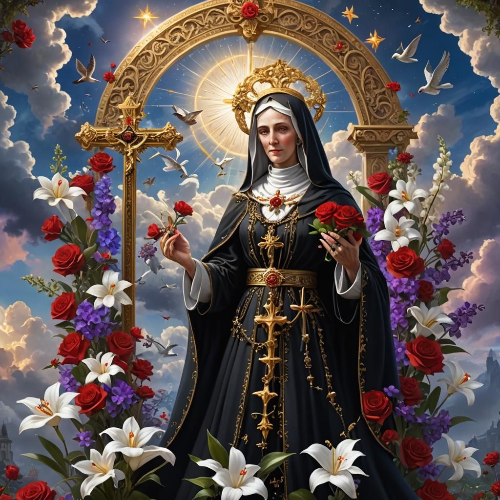 St Rita of Cascia with Flowers in Radiant Sky