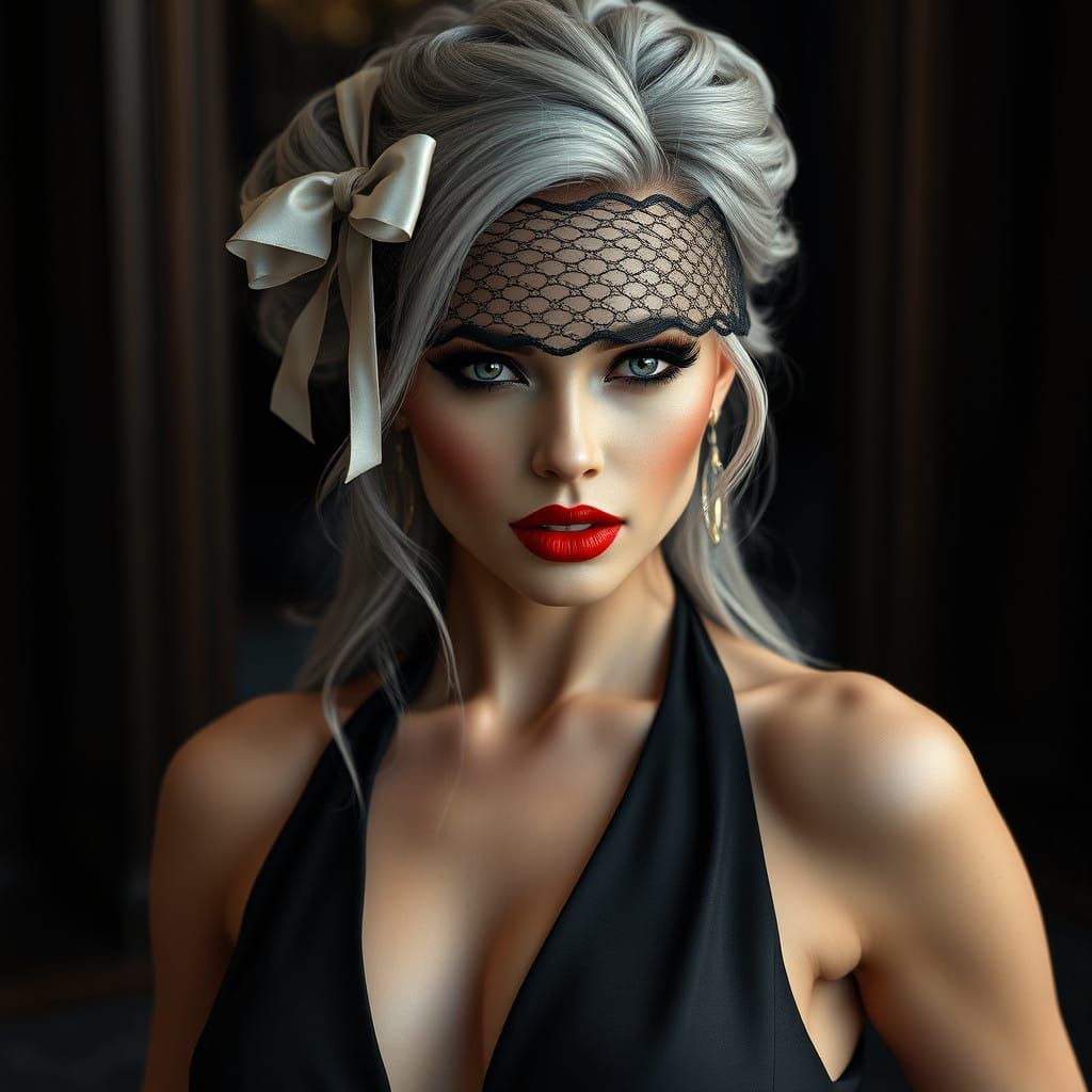 Elegant Luxury Woman with Grey Hair and Red Lips