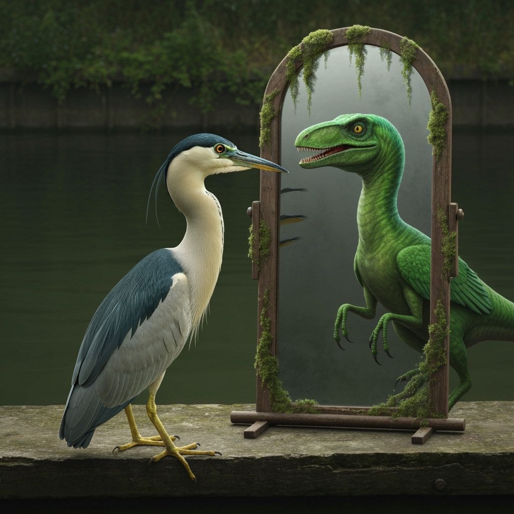 Night Heron Sees Velociraptor in Mirror Reflection