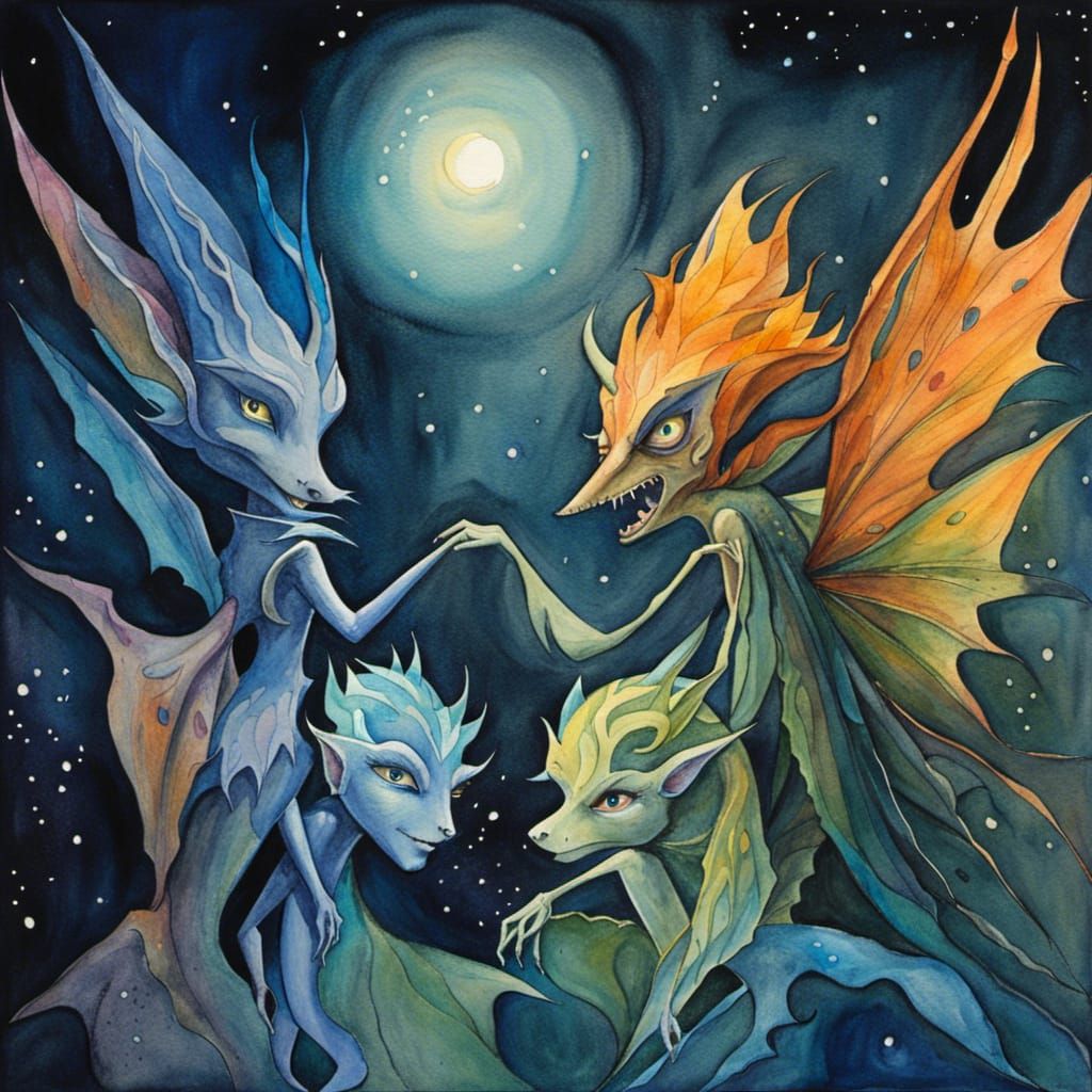 Watercolor, creatures, shadow , protectors seen in shadows, ...