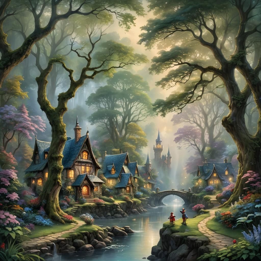 Elf and Cat Friendship in Misty Forest