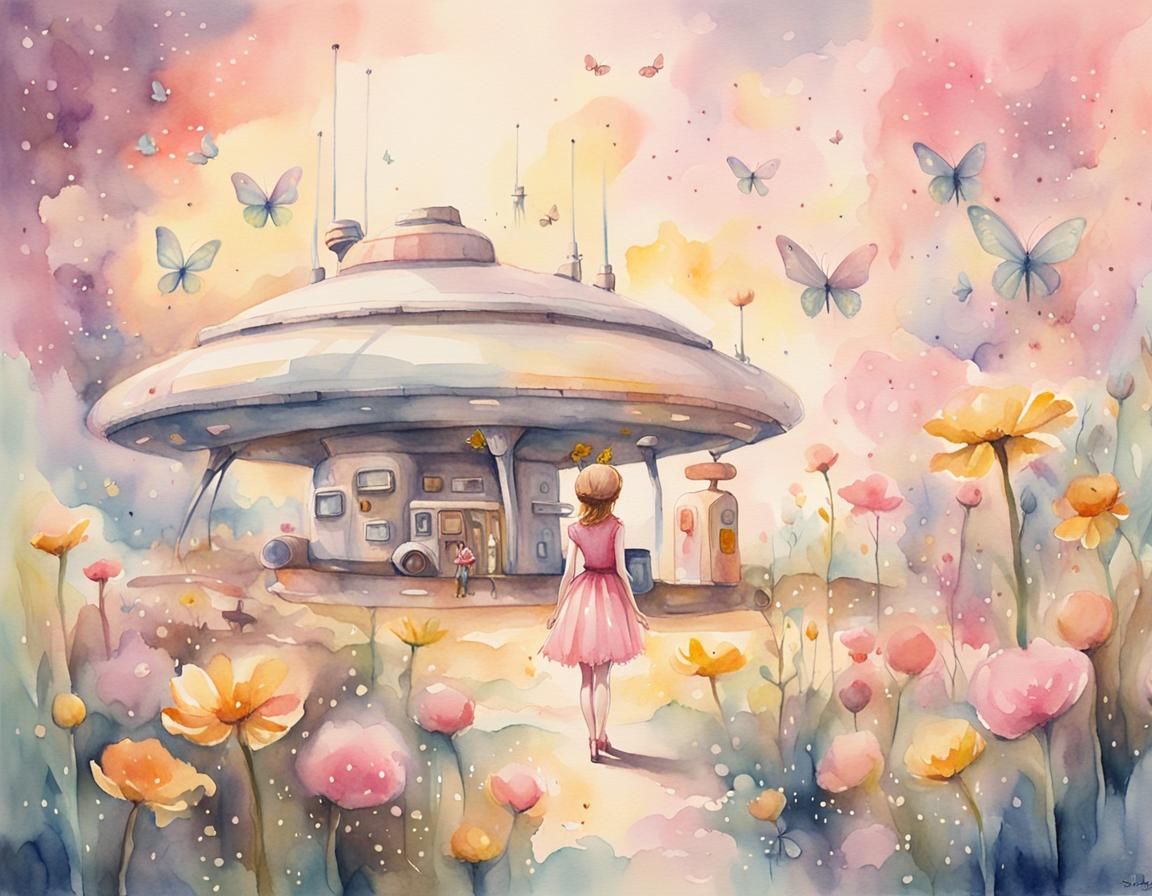 Flower Fairy Alien at Gas Station: Watercolour Painting