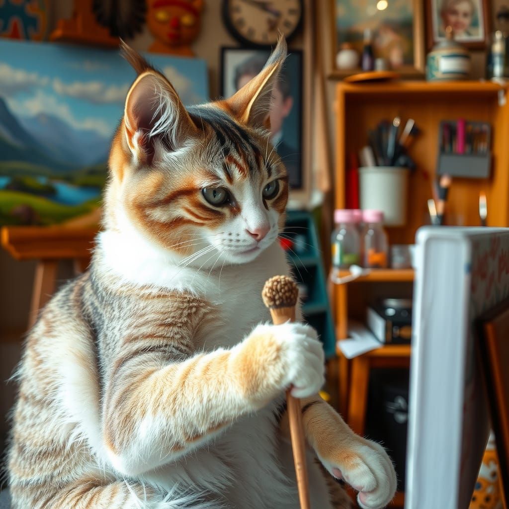 Charming Cat Artist at Cozy Studio