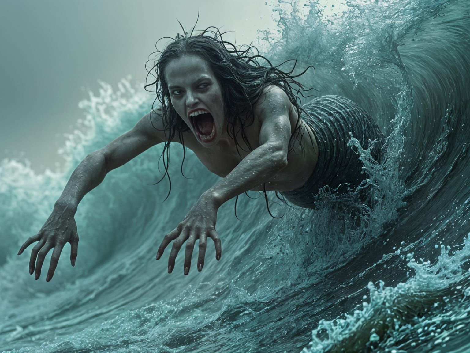 Horrifying Dead Mermaid Emerging from Ocean Wave in Surreal ...