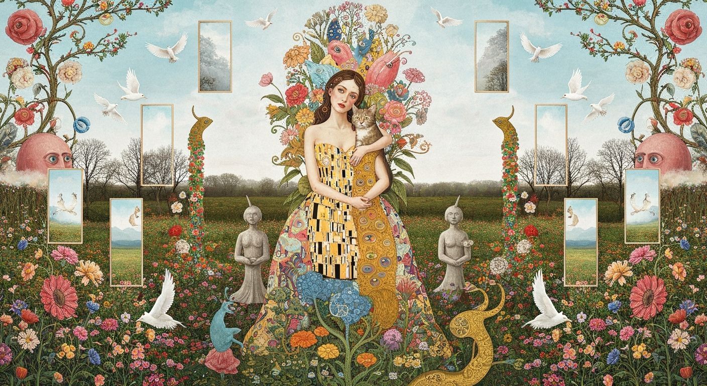 Woman, Cat, and Flowers in Surreal Garden Party