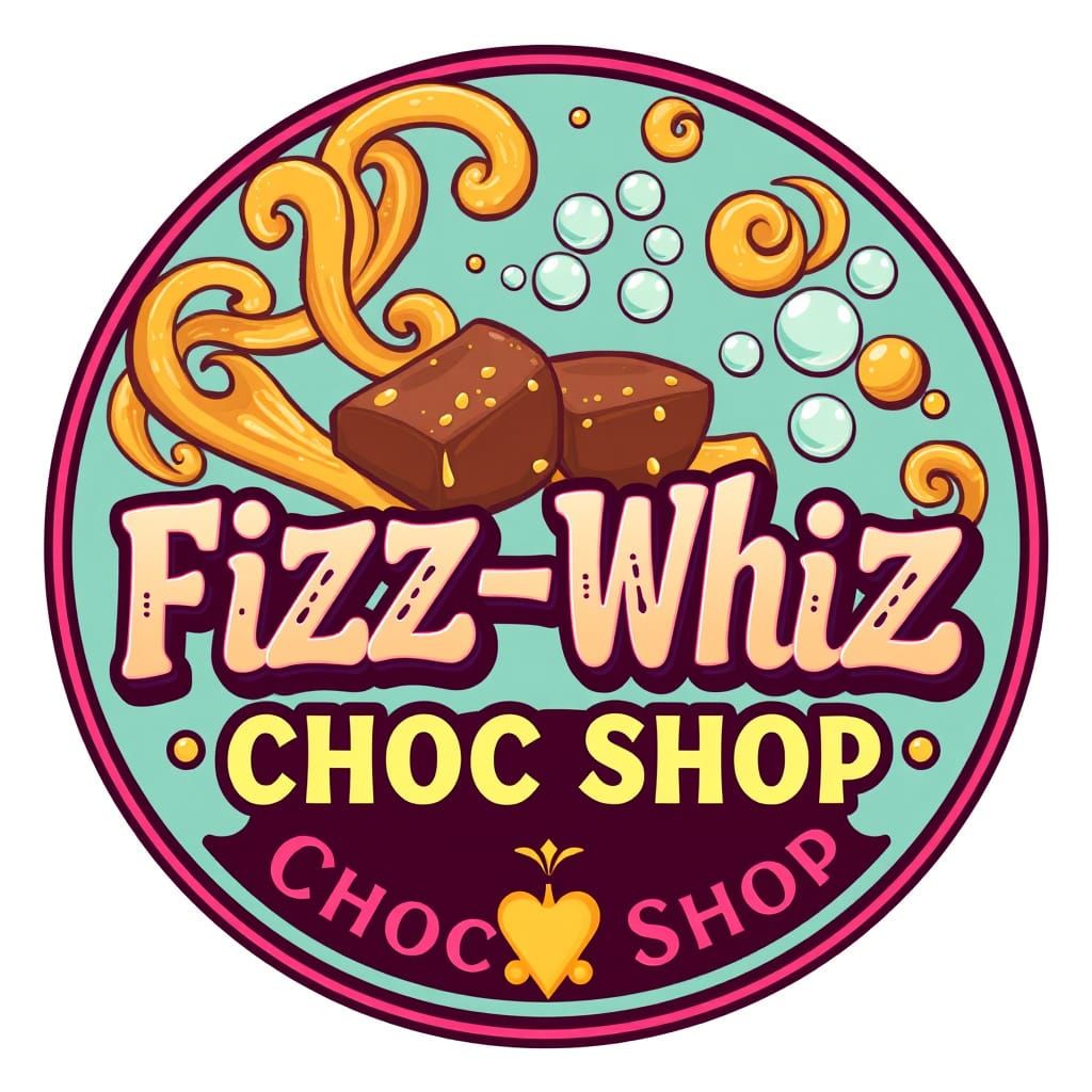 Fizz-Whiz Choc Shop Logo in Whimsical Style