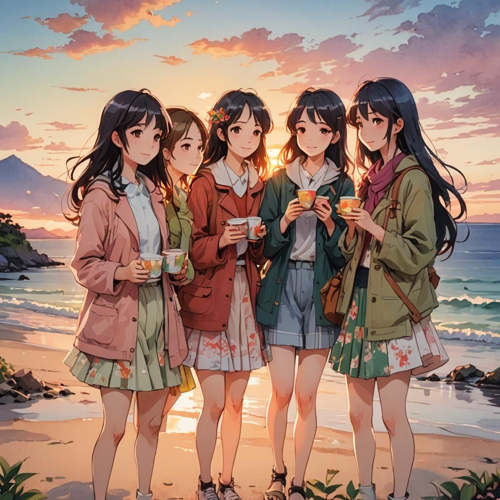 Seaside Sunset with Friends in Manga Style
