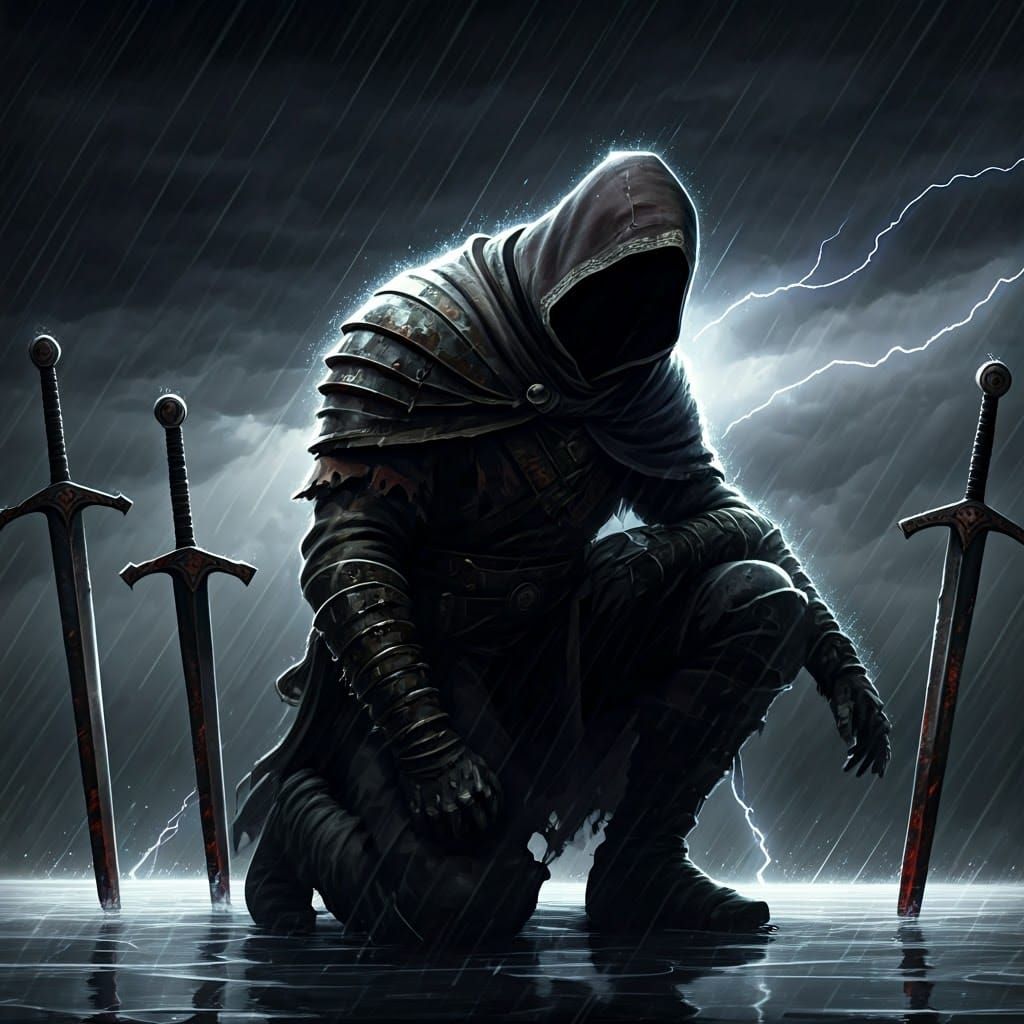 Dark Warrior Kneeling in Anguish Amidst Lightning Storm