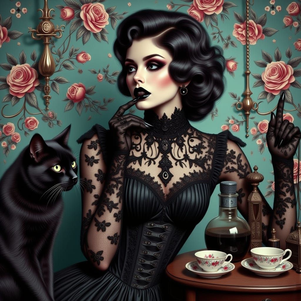 Gothic Woman with Black Cat in Modern Illustration