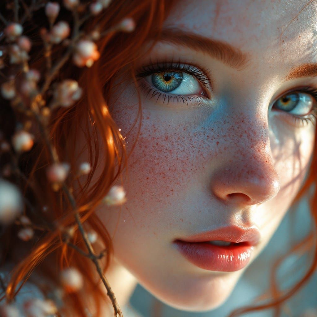 Redhead freckles village girl magical fantasy Imagination of A beautiful  , aesthetic of digital painting,  , close up p...