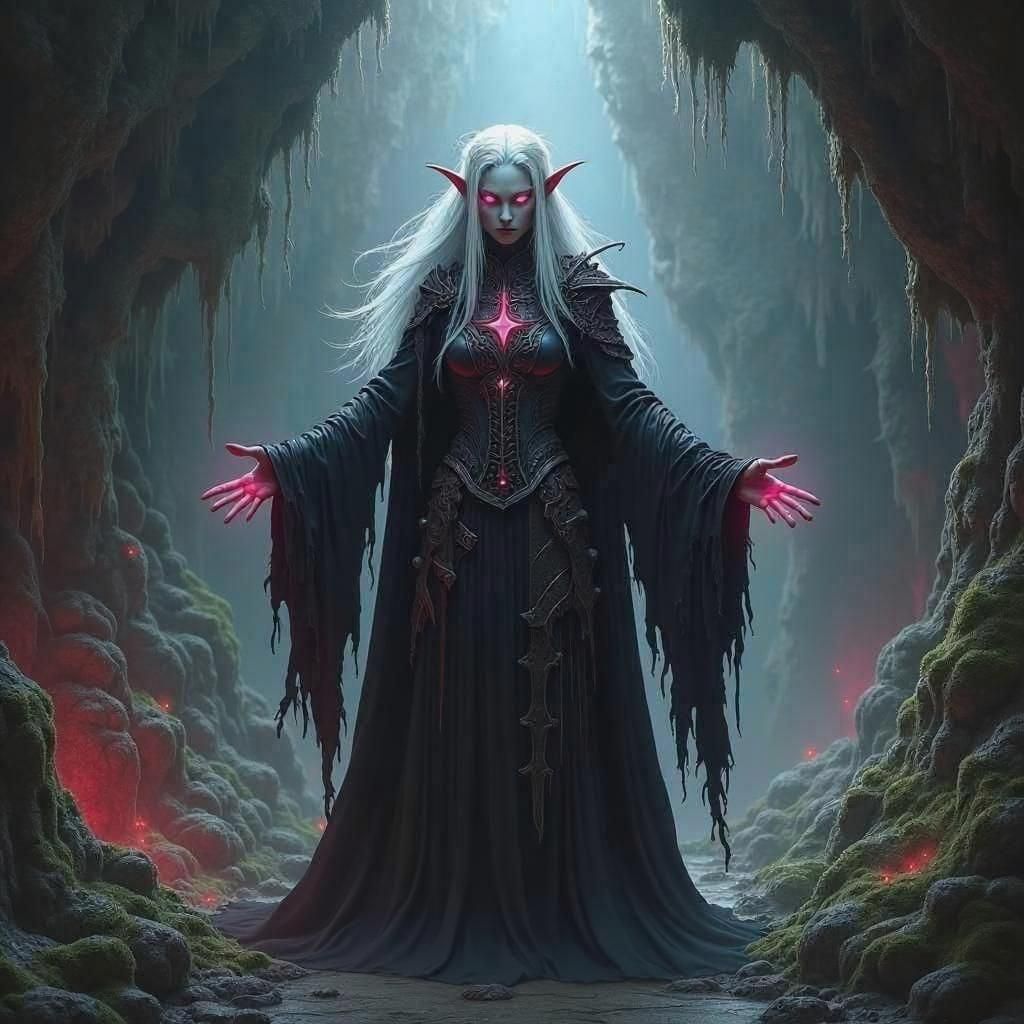 Drow Elf Cleric in Dark Cavern, Dark Fantasy Art