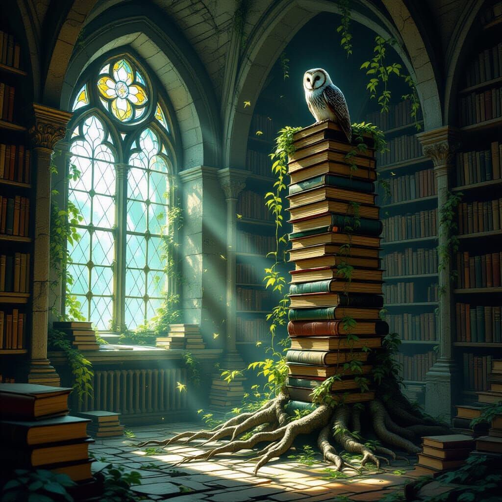 Overgrown Library with Spectral Owl: Digital Painting