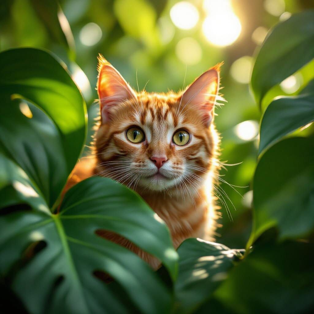 Macro Cat Photography: Ginger Tabby Amongst Tropical Leaves