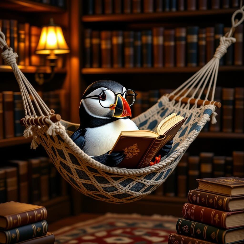 Puffin Reading Book in Cozy Library Hammock