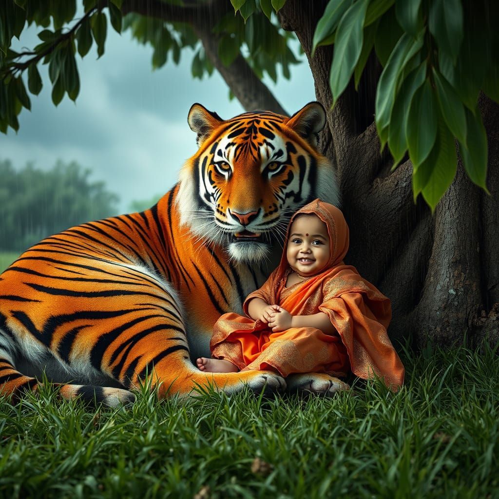 Protective Tiger with Child in Cinematic Style