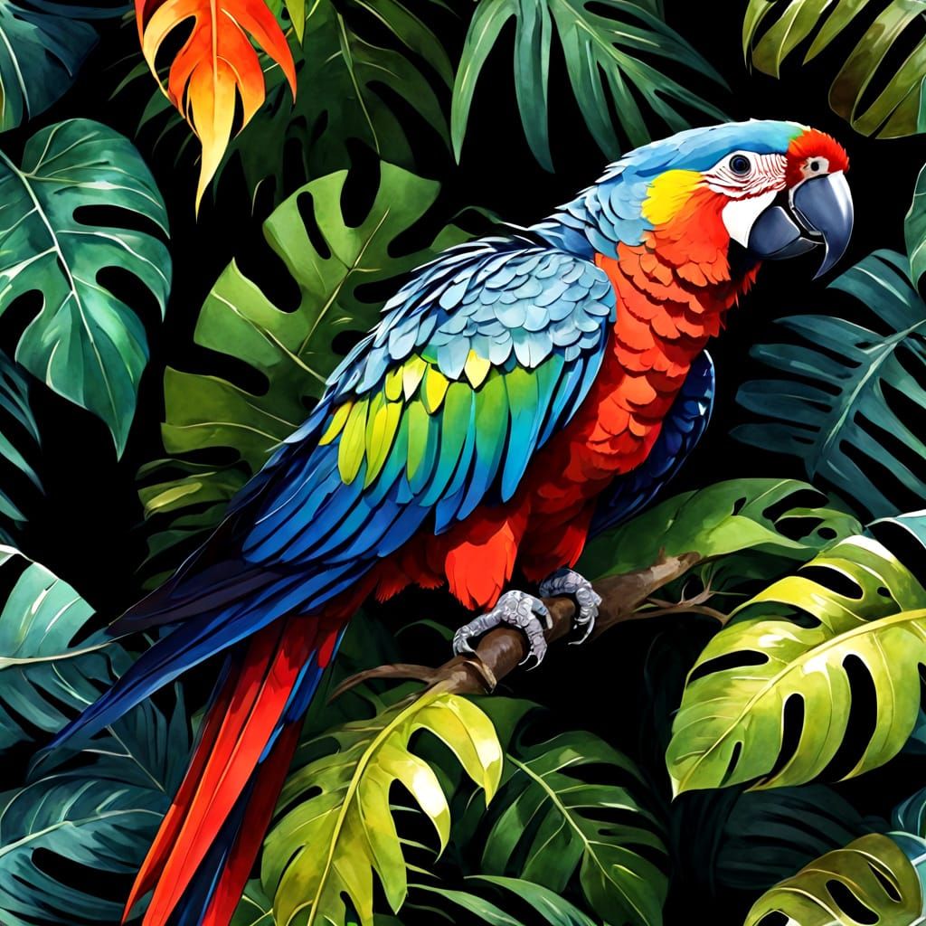 Colorful Jungle Parrot in Chiaroscuro Watercolor Style