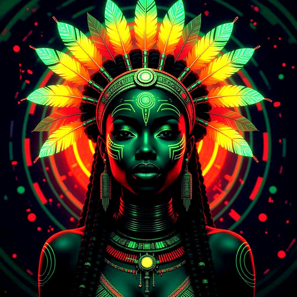 Psychedelic Portrait of African Woman with Neon Markings