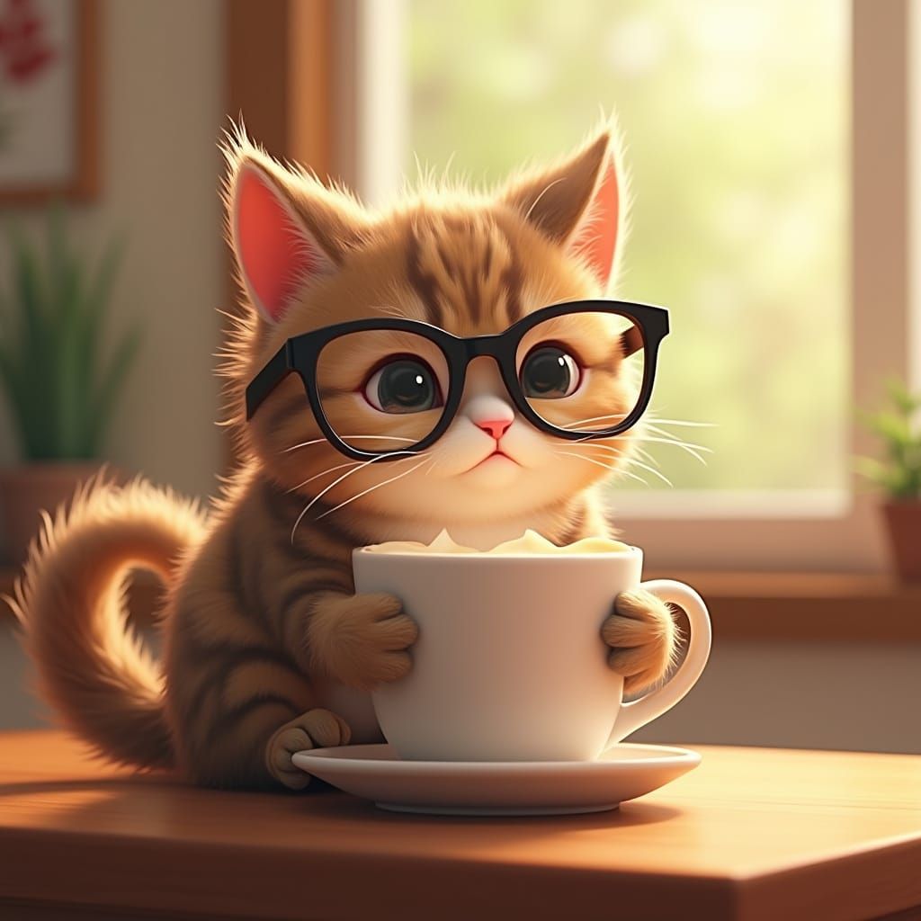 Whimsical Tabby Cat Sips Coffee in 3D Anime Style