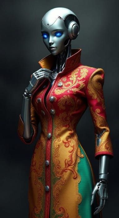 Photorealistic Robot in Ornate Coat with Blue Eyes