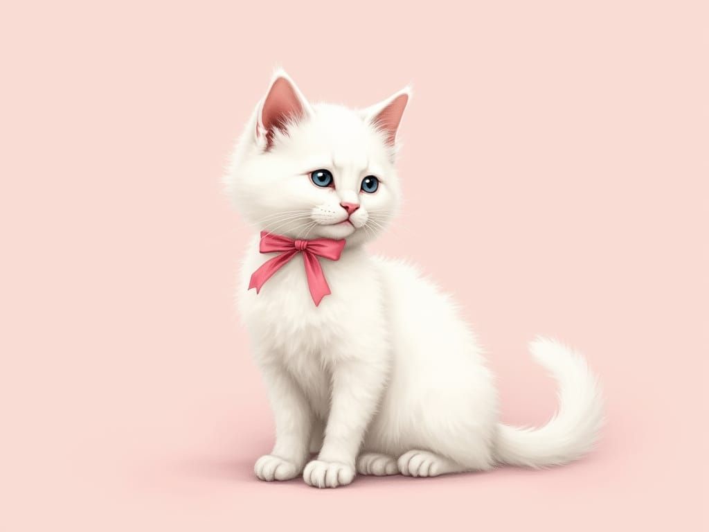 Angora Kitten with Pink Bow in Watercolor Style