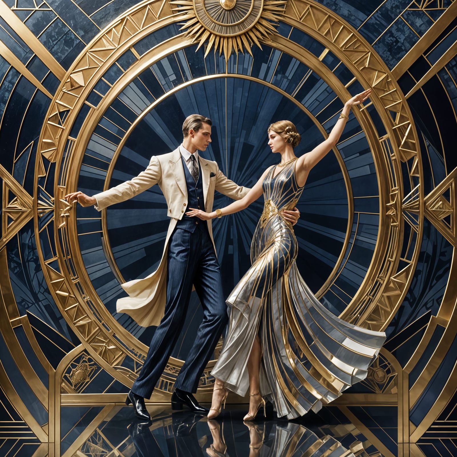 Elegant Art Deco Couple Dancing with Gold Accents