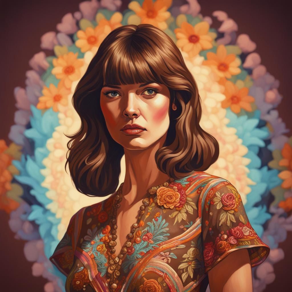 Woman in Embroidered Dress at Seventies Party