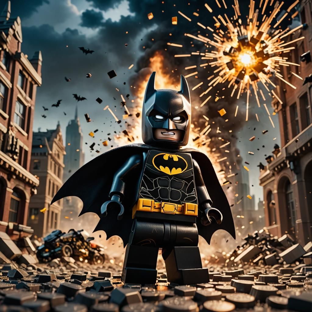 Hyperrealistic Lego Batman in Front of Explosion