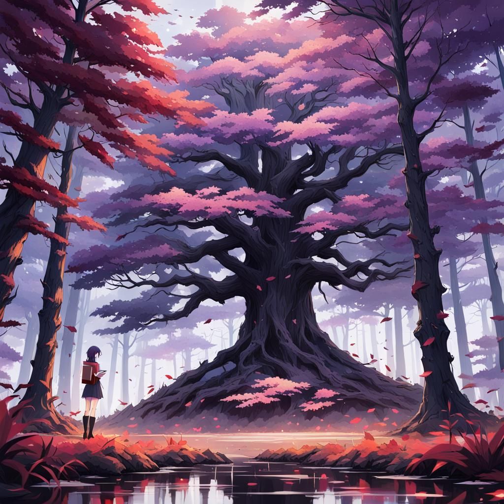 Anime Forest Girl Observes Sunrise Near Colorful Tree