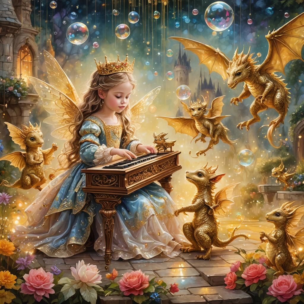 Princess Plays Harpsichord with Dragons: Fantasy Oil Paintin...