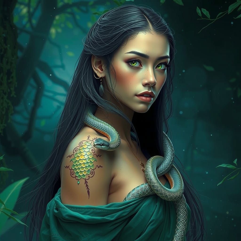 Young Woman with Iridescent Scales and Snake