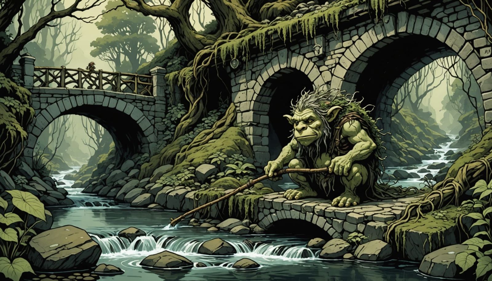 Moss Troll Under Stone Bridge in Dark Fantasy Style