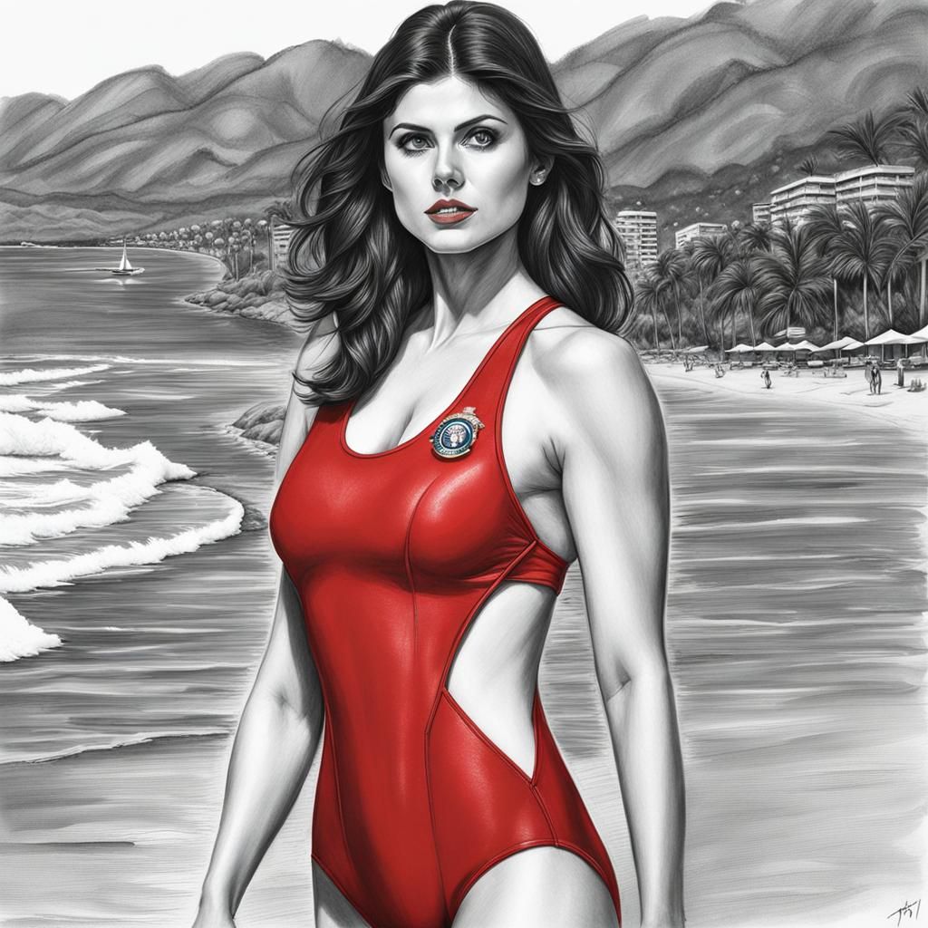 Alexandra Daddario in Red Swimsuit: Hyperdetailed Pencil Ske...