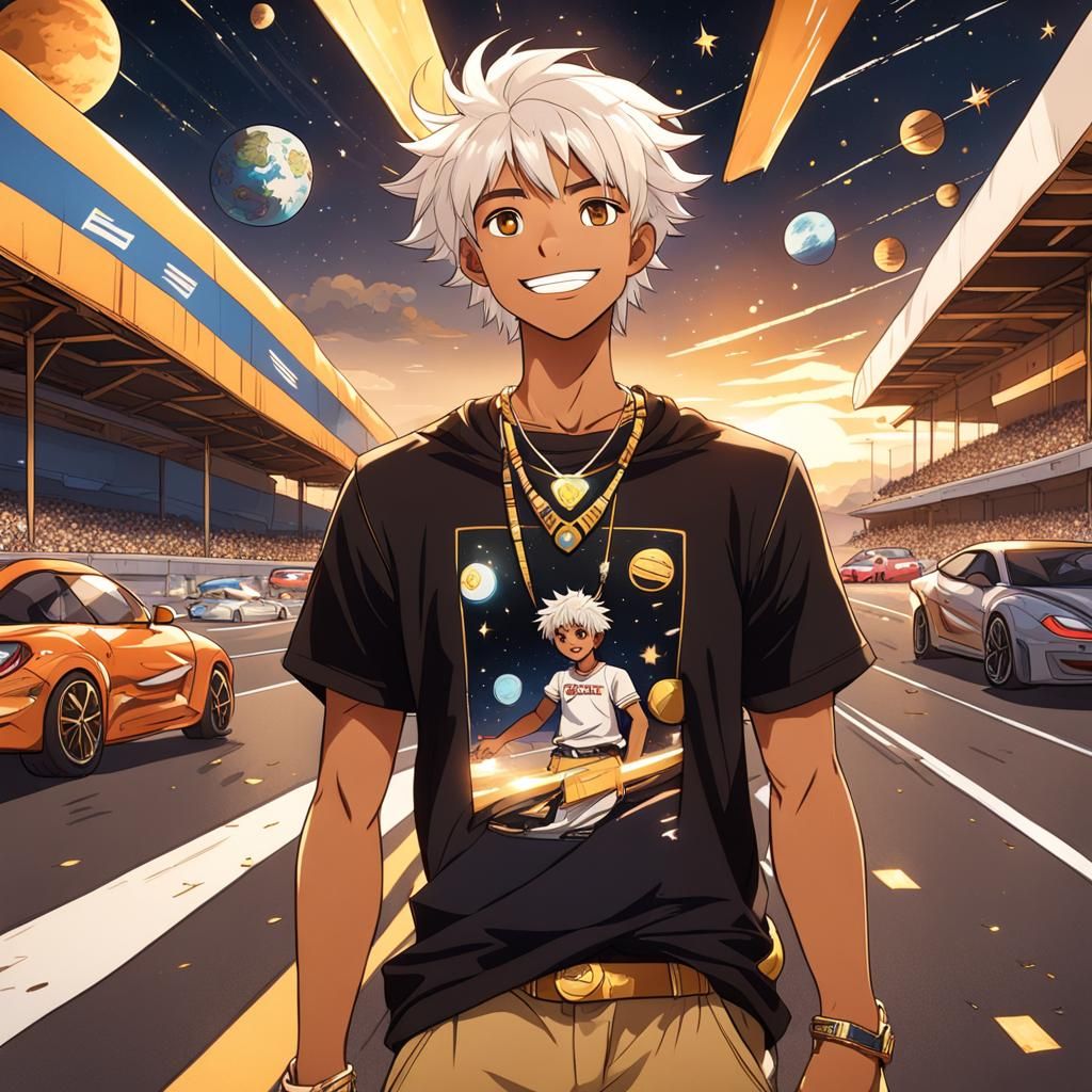 Anime Boy on Car Race Track Under Starry Sky