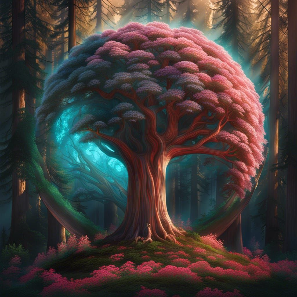 Architectural Sphere with Neon Flowers and Redwood Trees