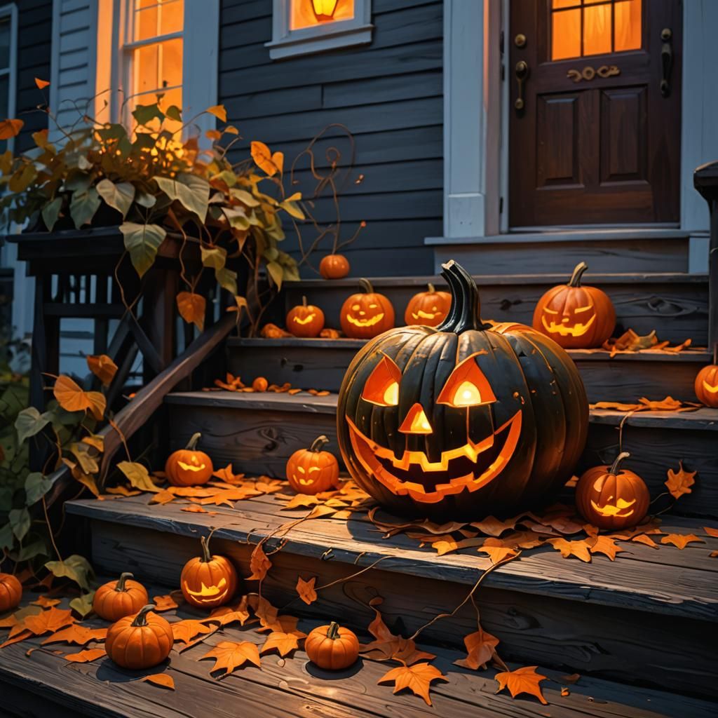 Glowing Jack-o-Lantern on Porch at Dusk