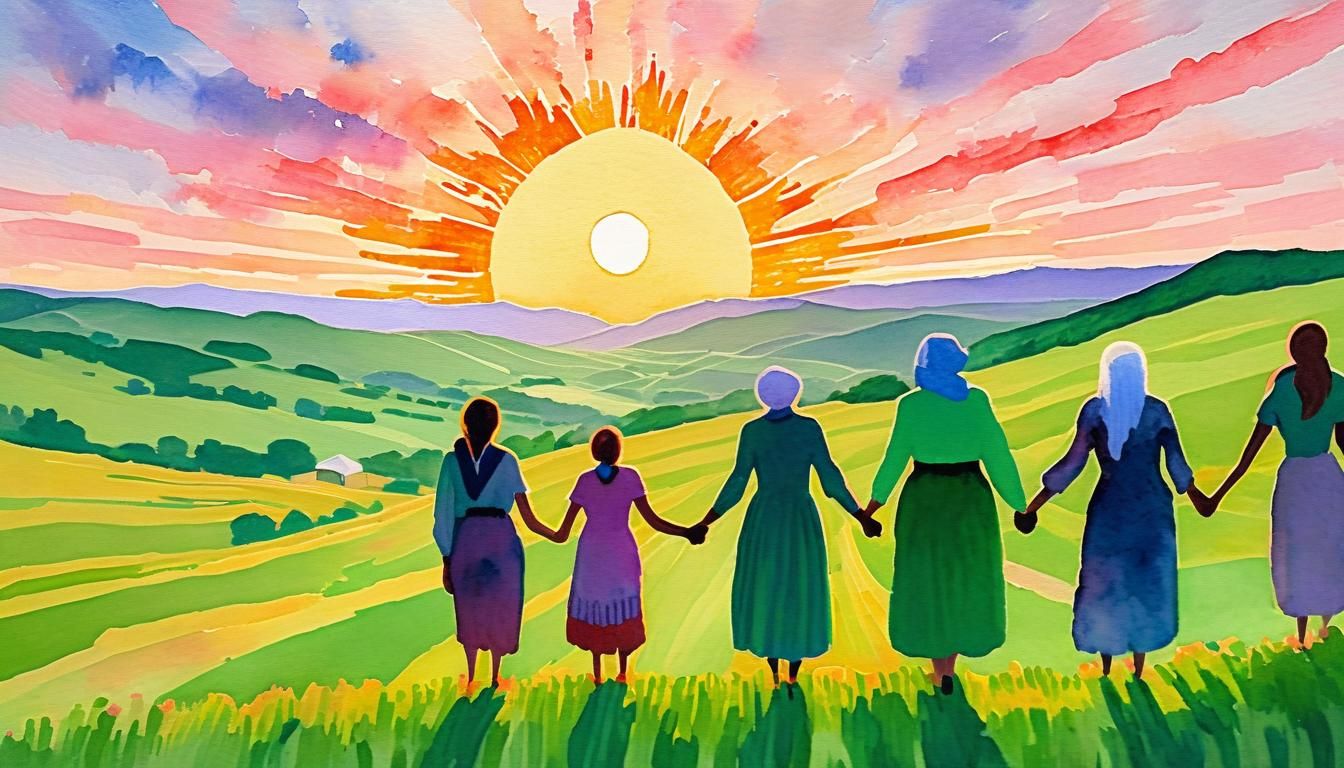 Women Watch Sunrise: Gouache Watercolor Impressionism